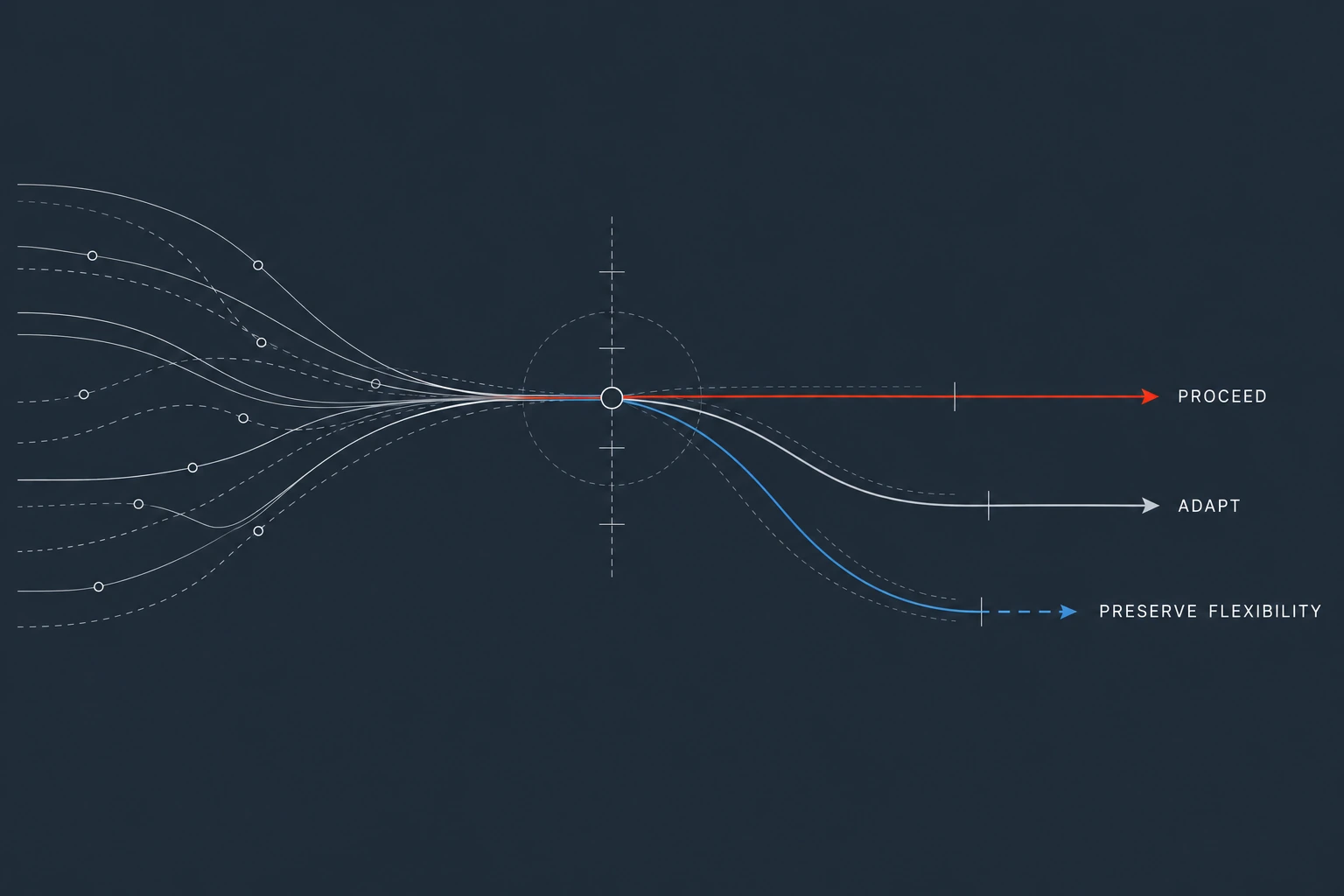 Evidence traces resolve into alternative strategic routes: proceed, adapt or preserve flexibility.